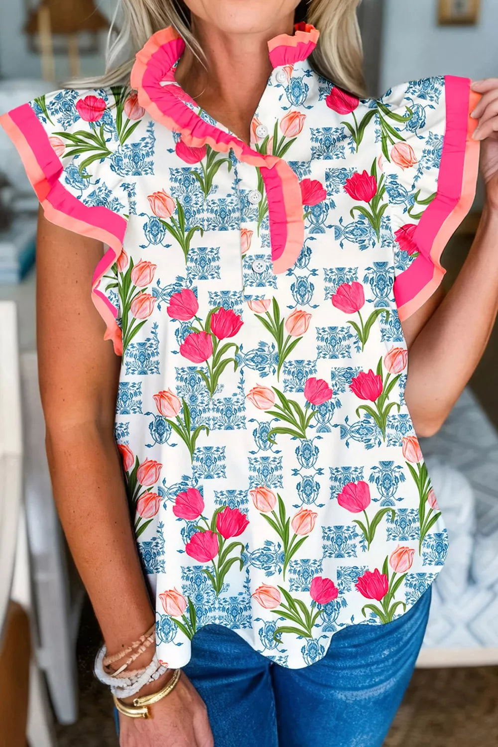 Floral Print Ruffle Collar Blouse