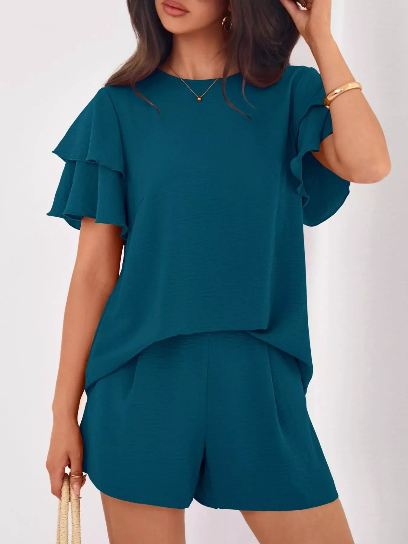 Ruffle Sleeve Top and Shorts Two-Piece Set