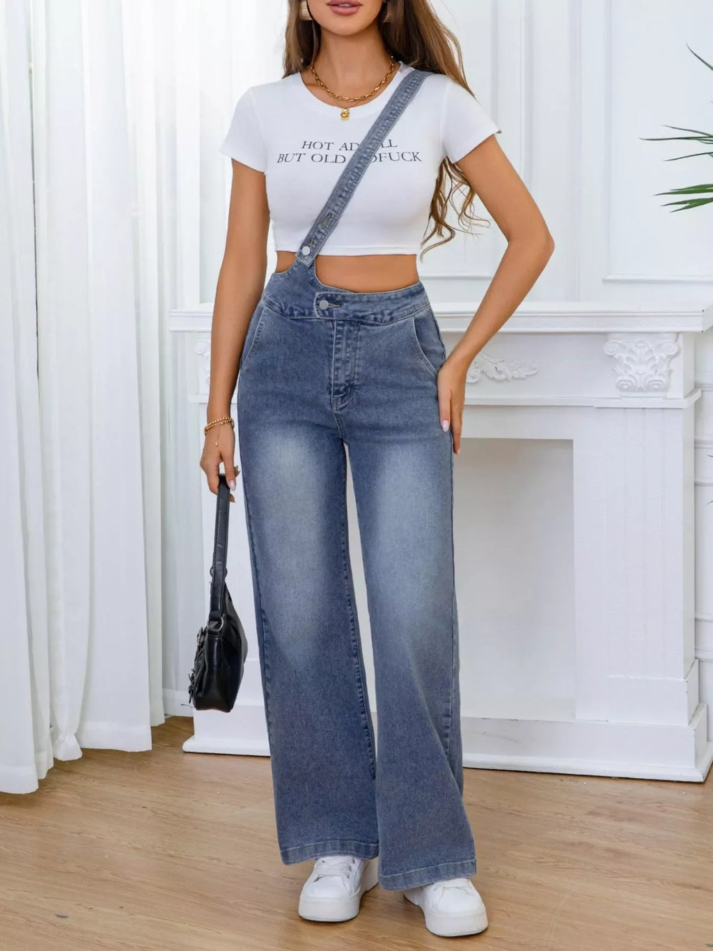 Adjustable Strap Washed Wide-Leg Denim Overalls