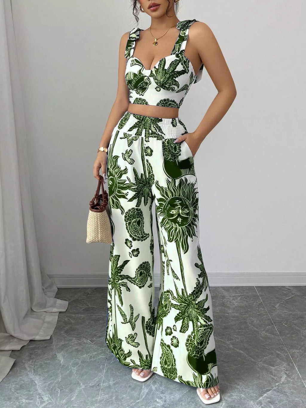 Floral Print Crop Top and Wide Leg Pants Set