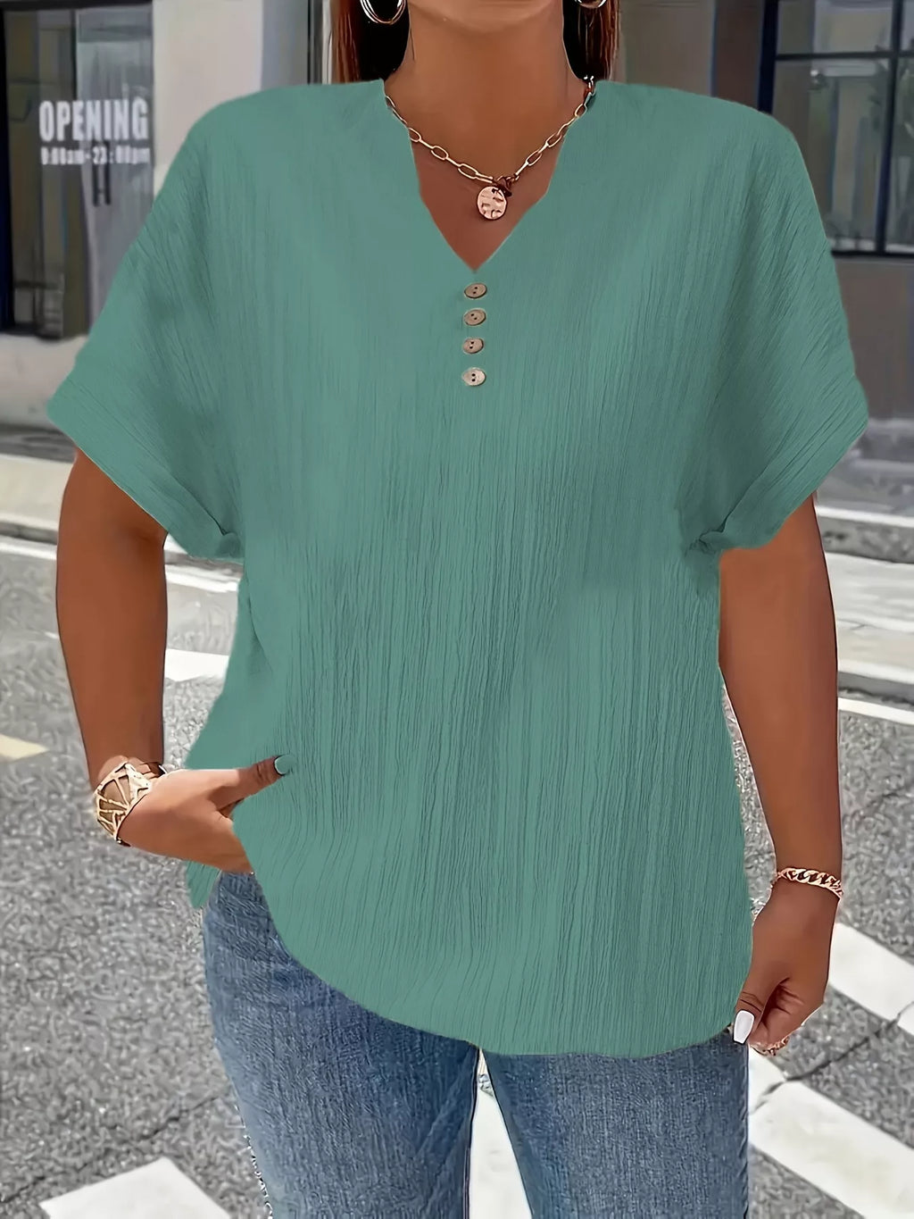 Plus Size Notched Short Sleeve Textured Top