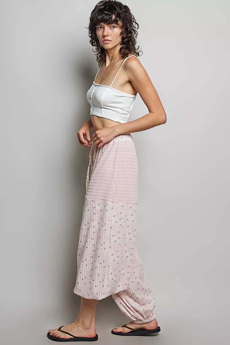 POL Patchwork Mixed Knit Wide Leg Pants