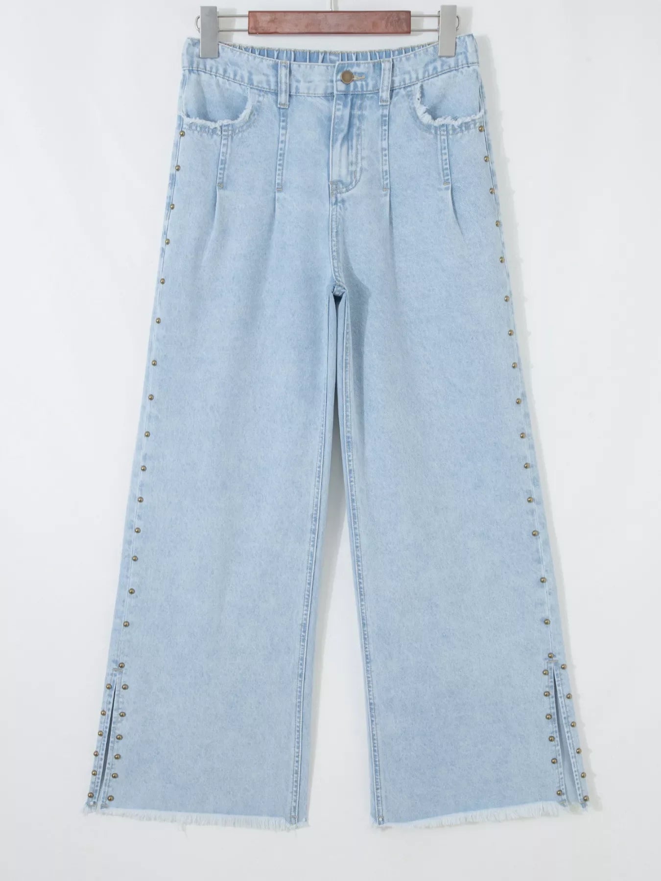 Studded Side Slit Leg Frayed Pocketed Wide Leg Jeans