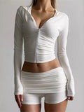 Long Sleeve Zip-Up Hoodie and Ruched Shorts Set