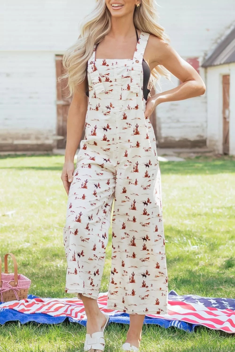 Western Printed Button Adjustable Straps Loose Jumpsuit