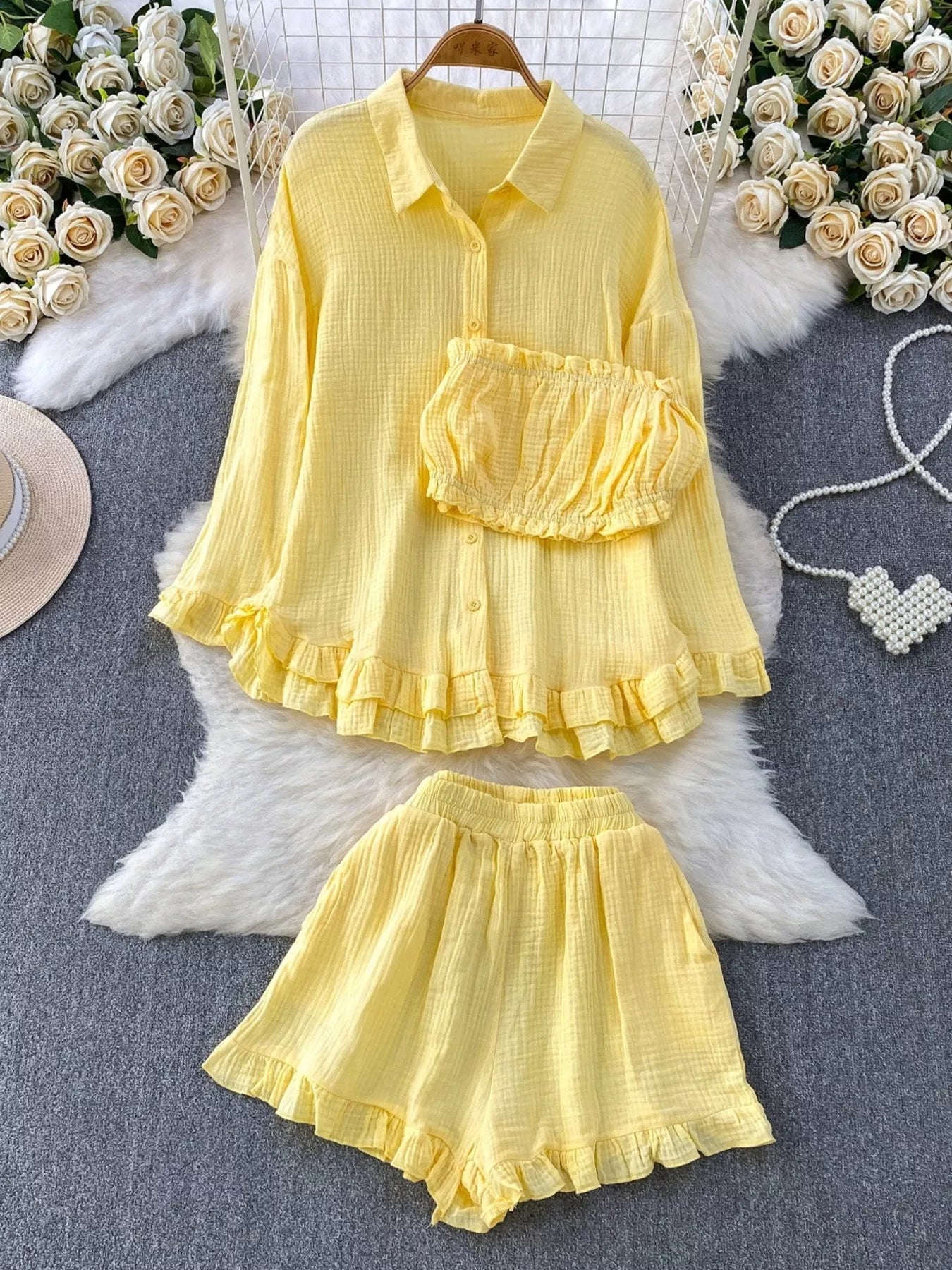 Tube Top & Long Sleeve Shirt & Shorts 3 Piece Set
