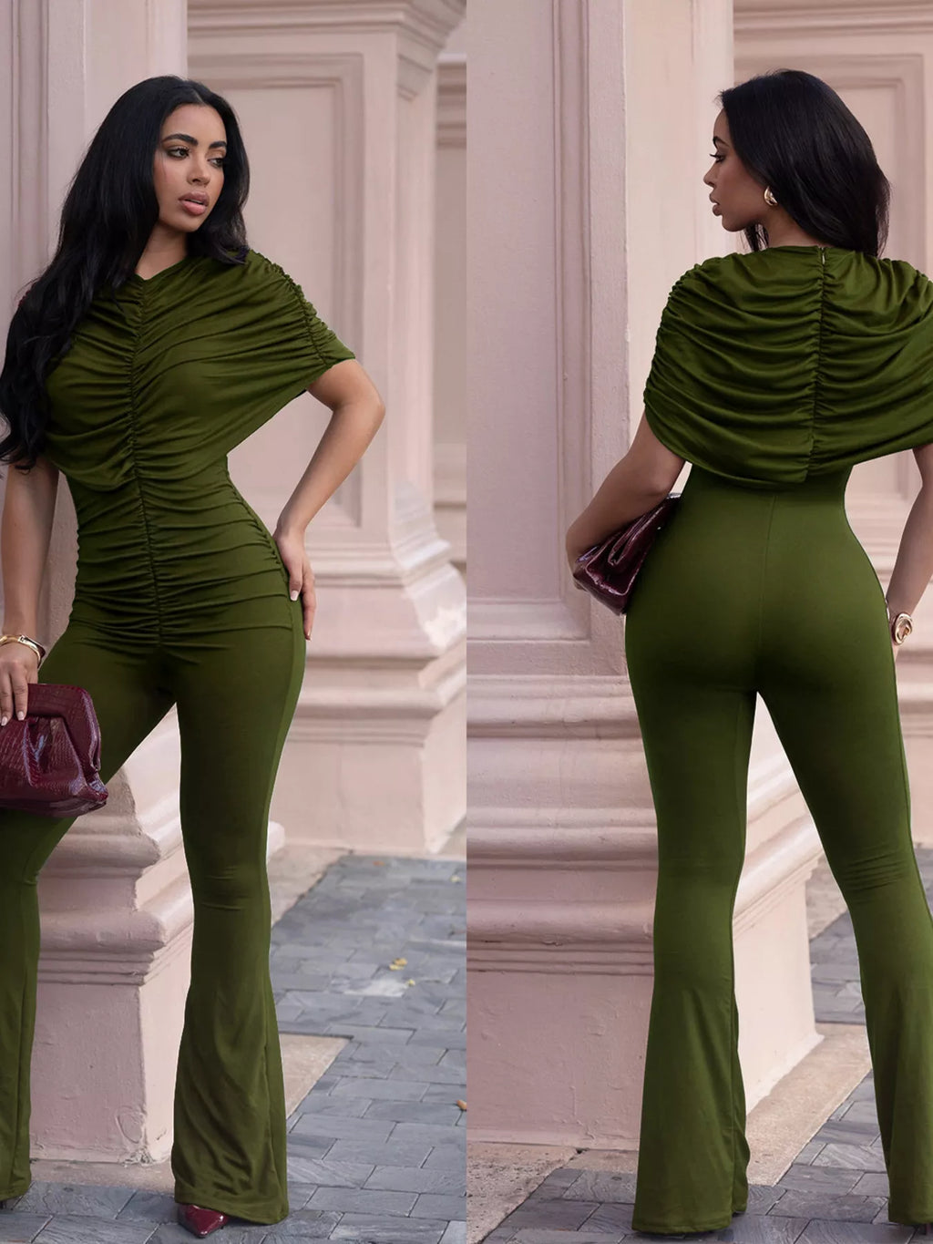 Ruched Flare Leg Jumpsuit