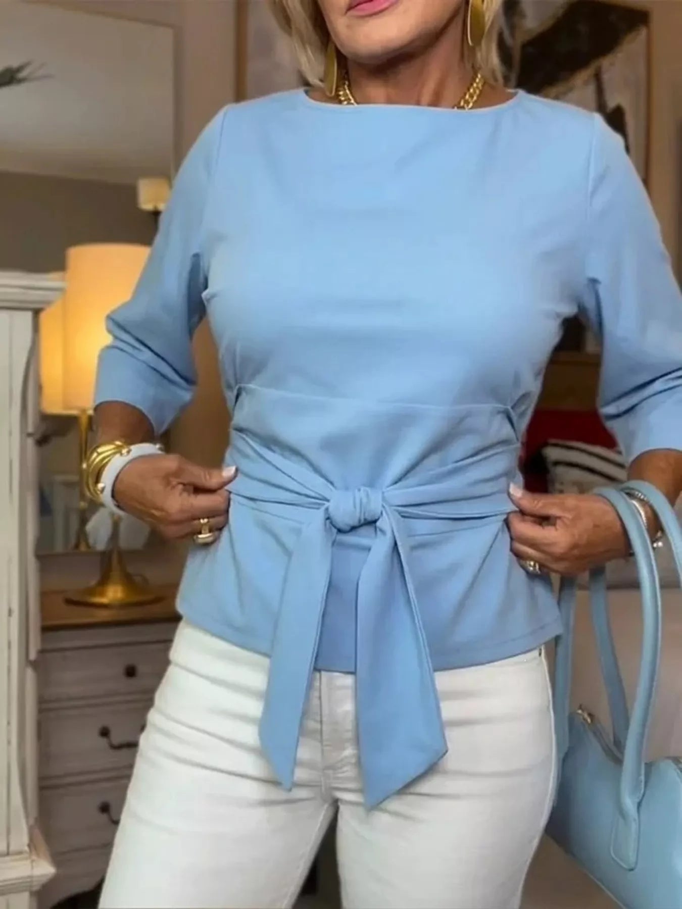 Full Size Tied 3/4 Sleeve Top Plus Size
