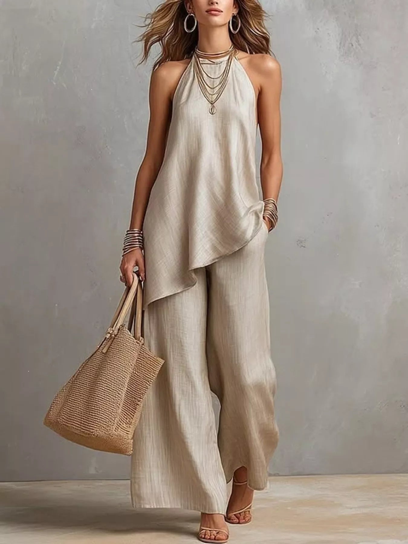 Full Size Asymmetrical Hem Cami and Wide Leg Pants Set Plus Size