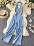 Halter Neck Wide Leg Denim Jumpsuit