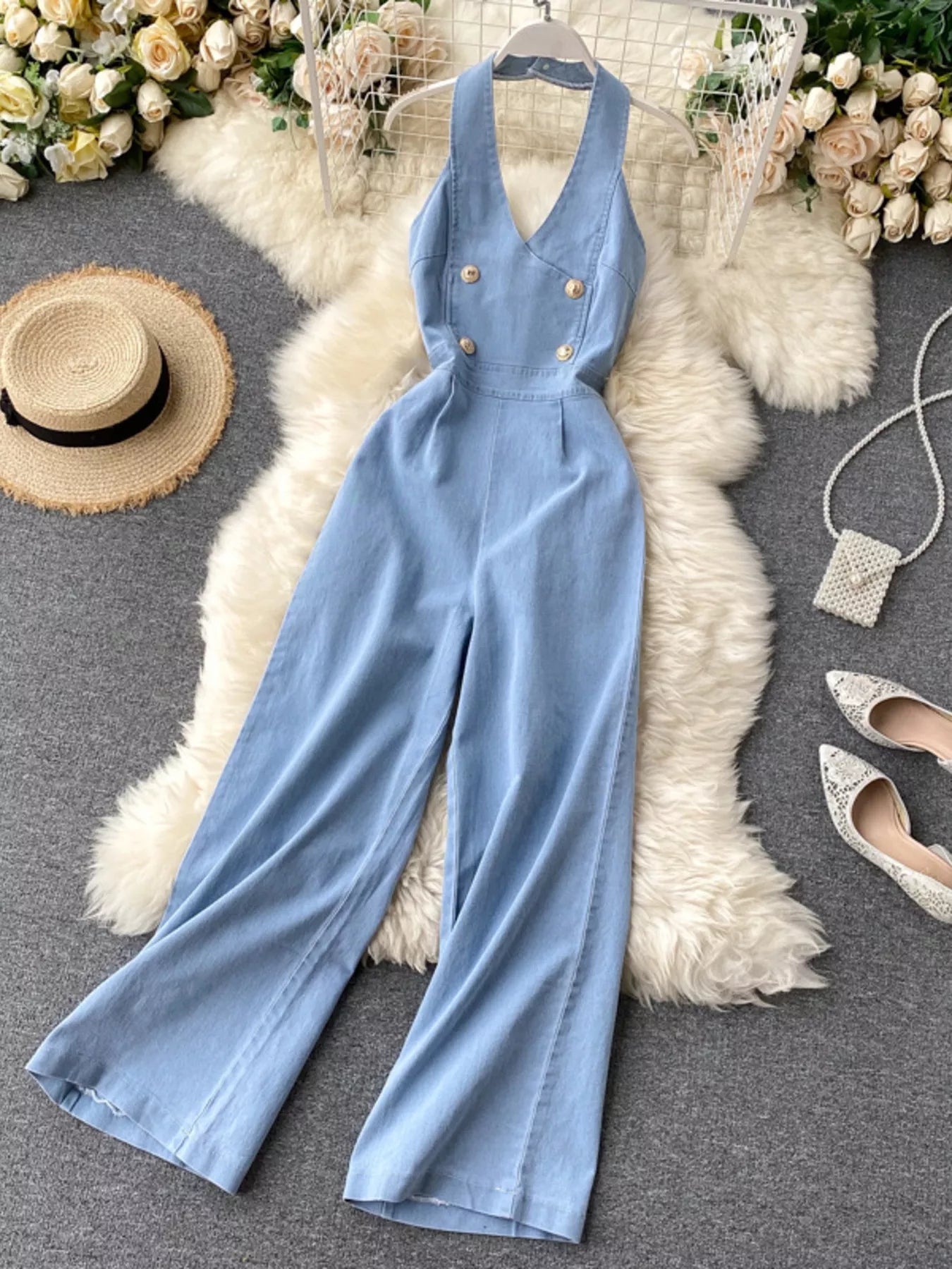 Halter Neck Wide Leg Denim Jumpsuit