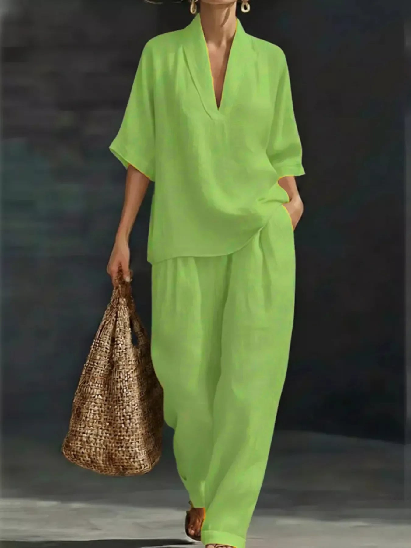 Full Size Half Sleeve Top and Wide Leg Pants Set Plus Size