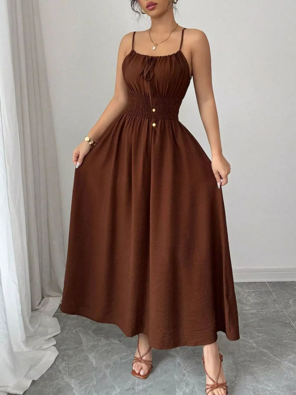 Smocked Spaghetti Strap Midi Dress