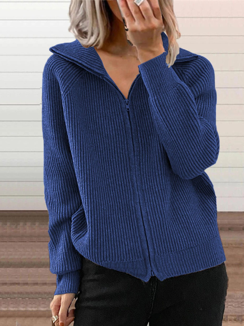Full Size Ribbed Knit Zip-Up Outerwear Plus Size