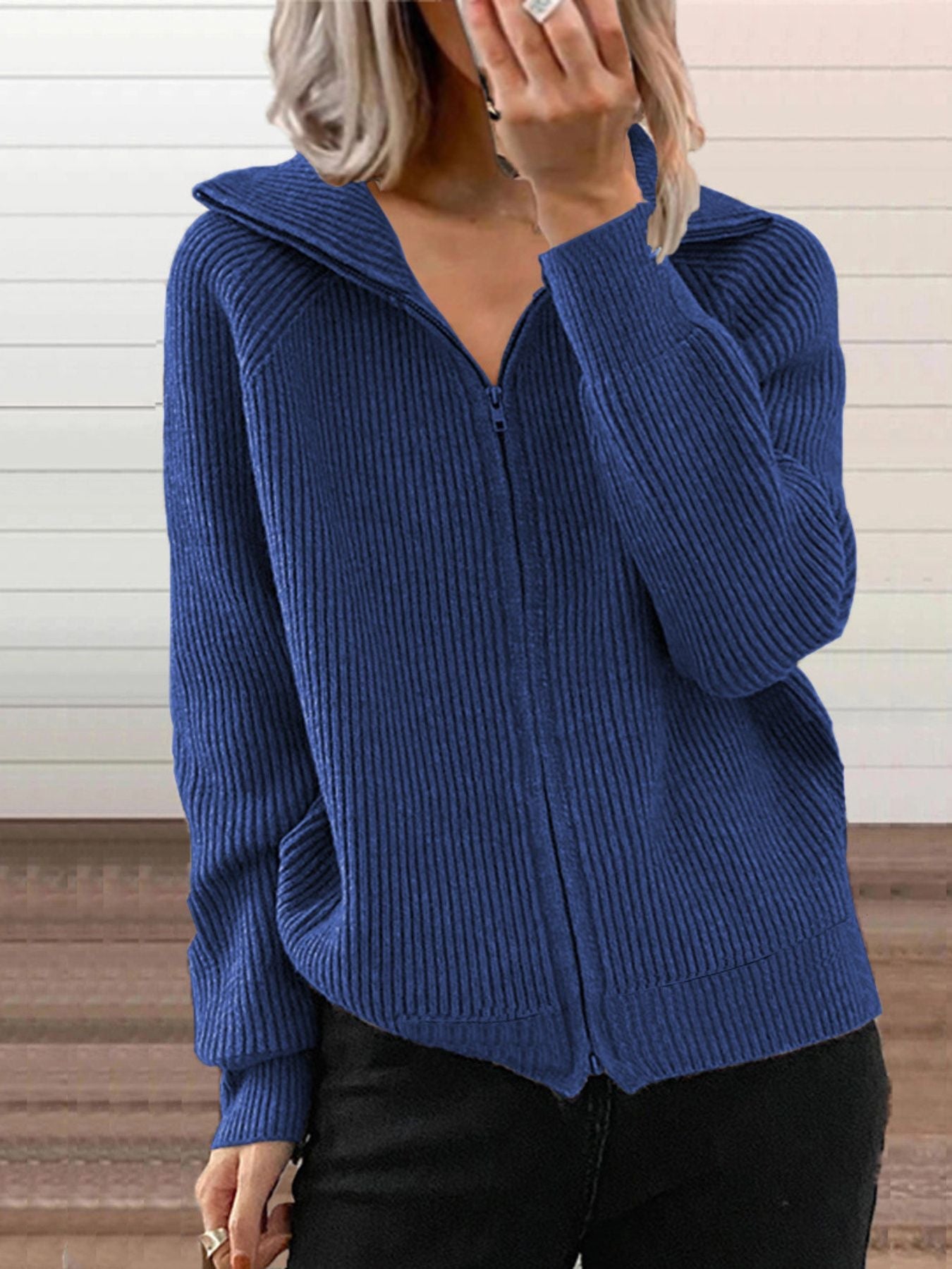 Full Size Ribbed Knit Zip-Up Outerwear Plus Size