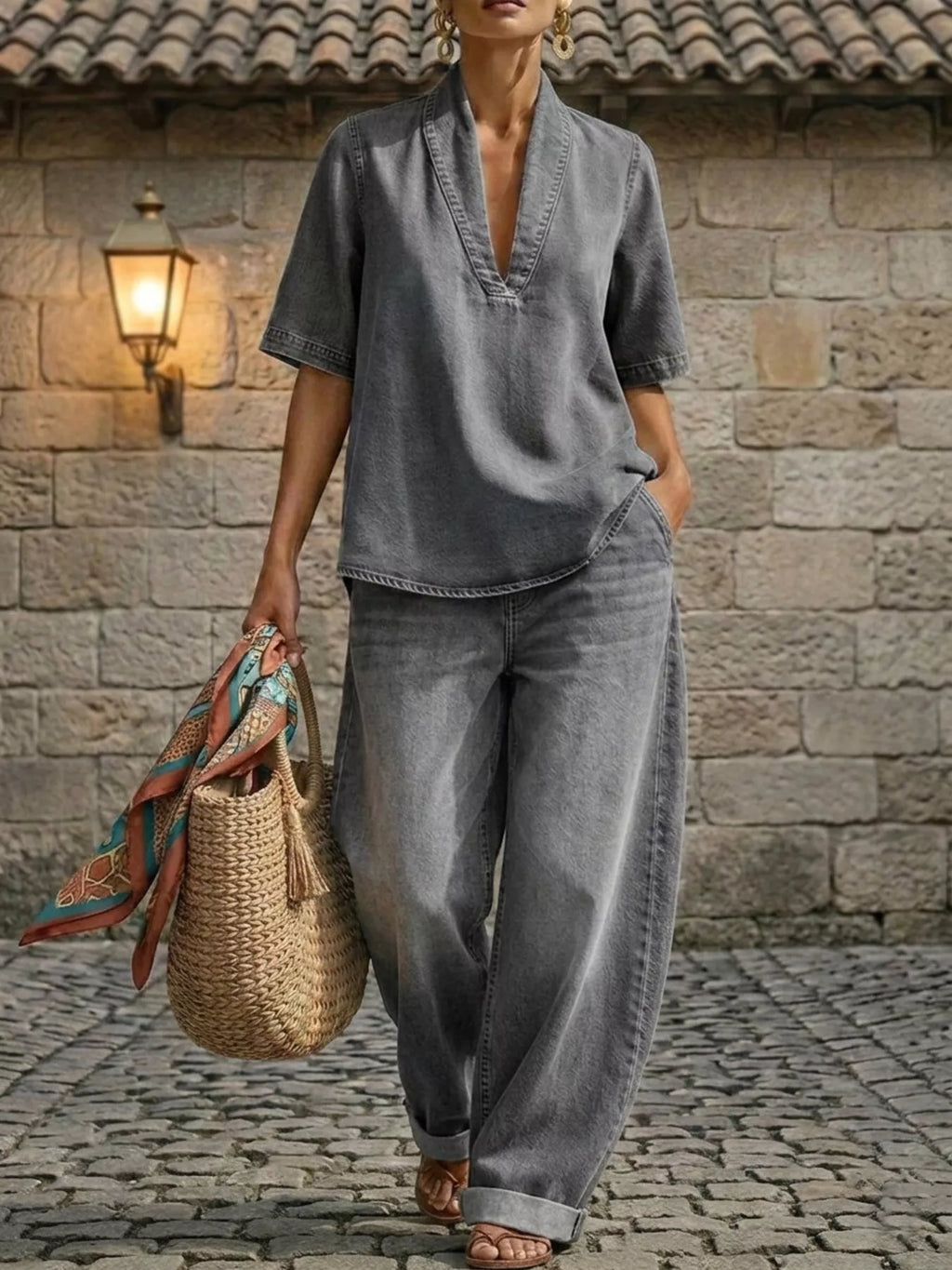 Full Size Half Sleeve Top and Wide Leg Pants Set Plus Size