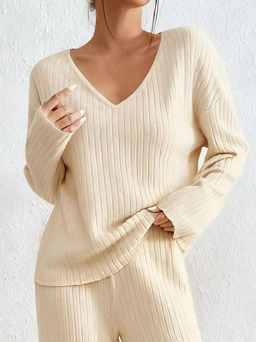 Ribbed Knit V-Neck Top and Pants Set