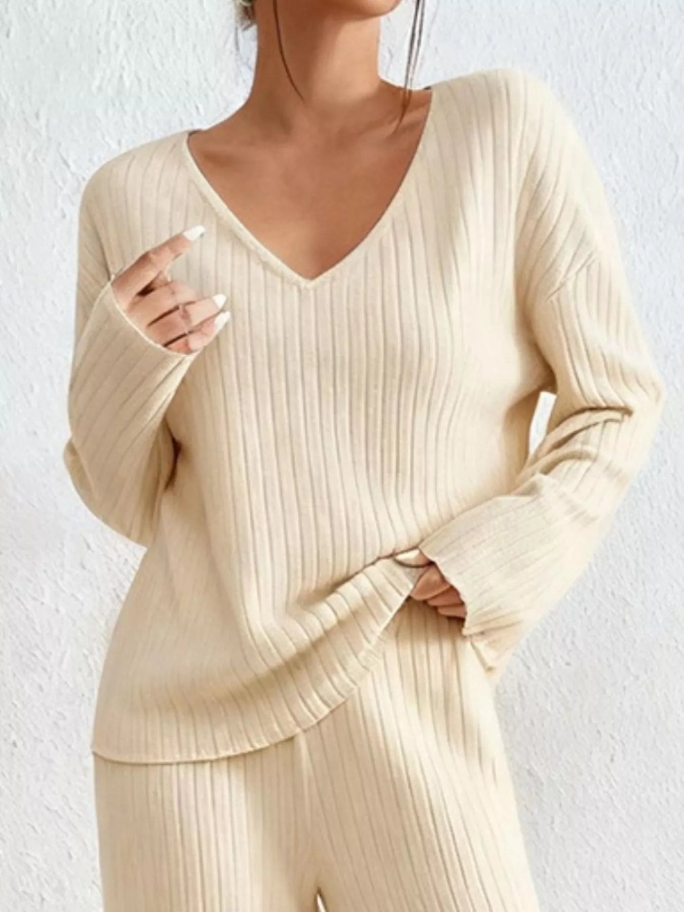 Ribbed Knit V-Neck Top and Pants Set
