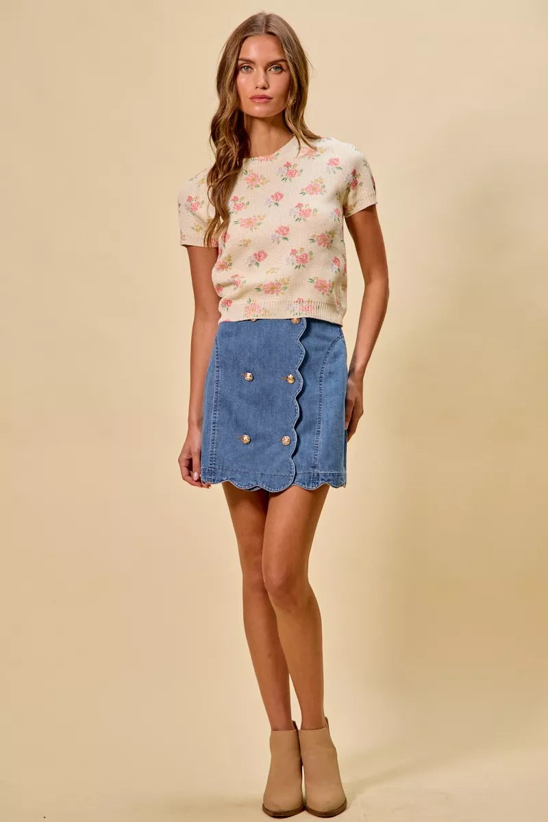 SO ME Denim Scalloped Buttoned Front Skirt