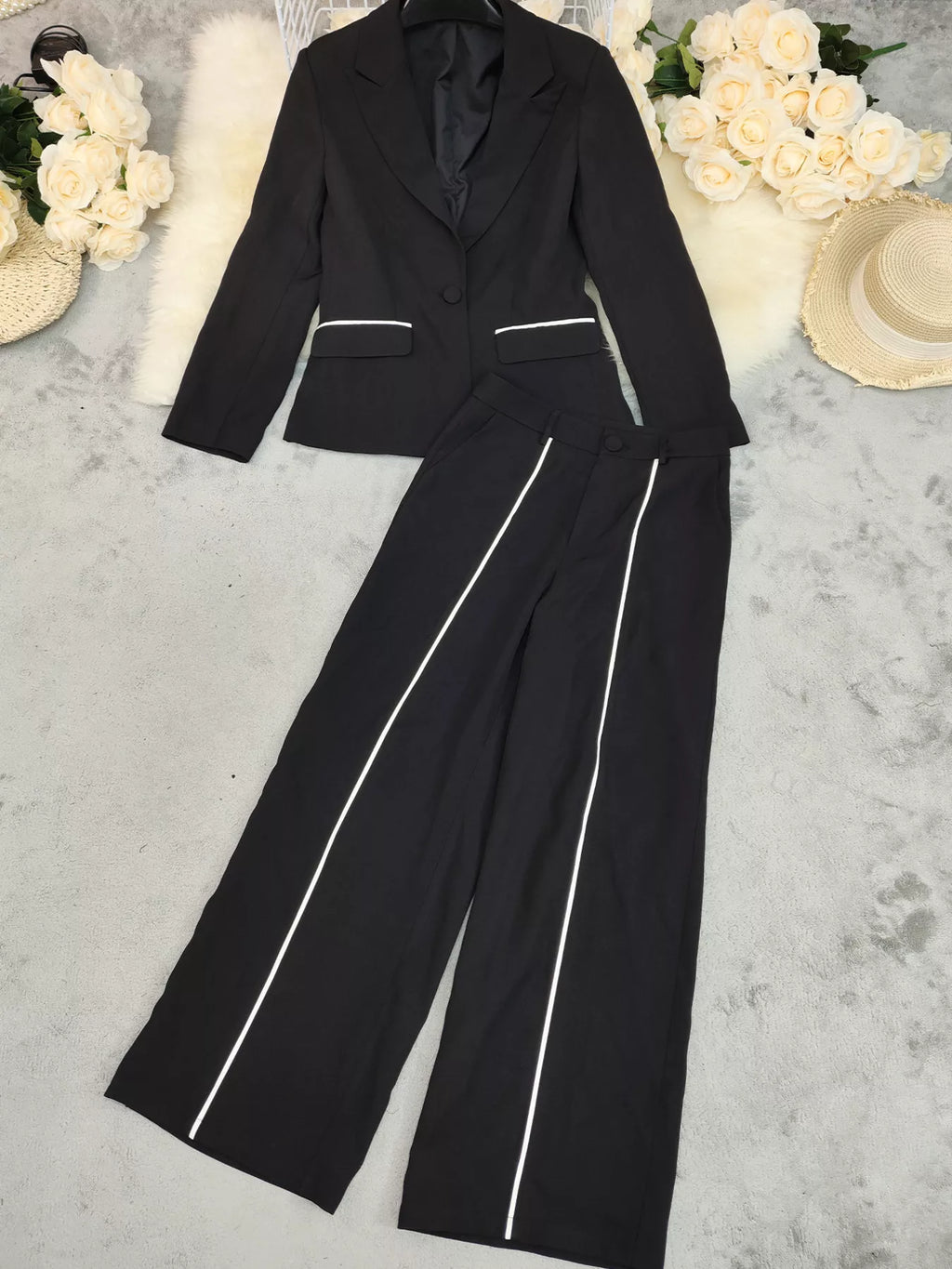 Contrast Trim Blazer & Wide Leg Pants Set