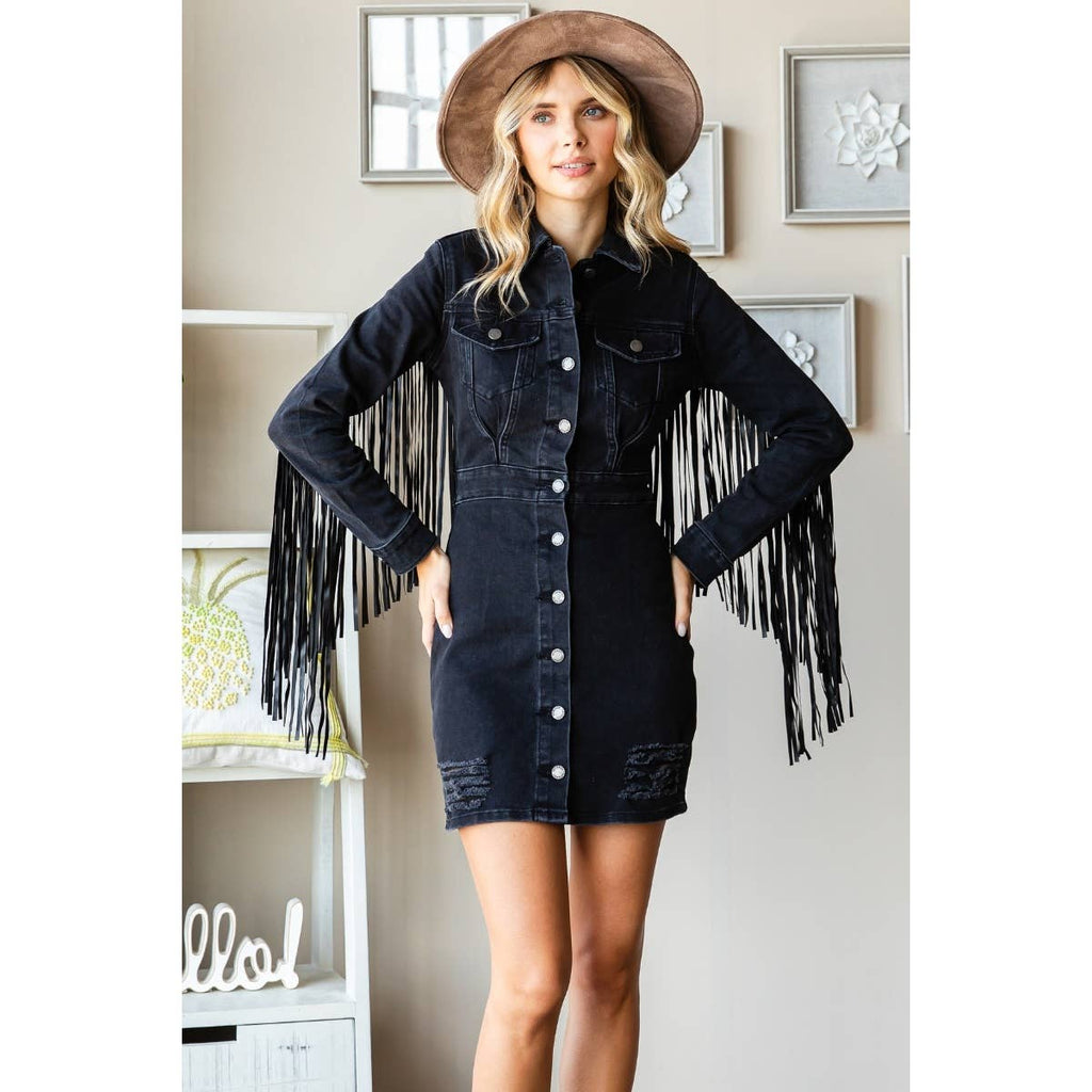 Pretty Little Patriot Pretty Little Patriot Fringe Western Black Mini Dress — Pretty Little Patriot branding close-up