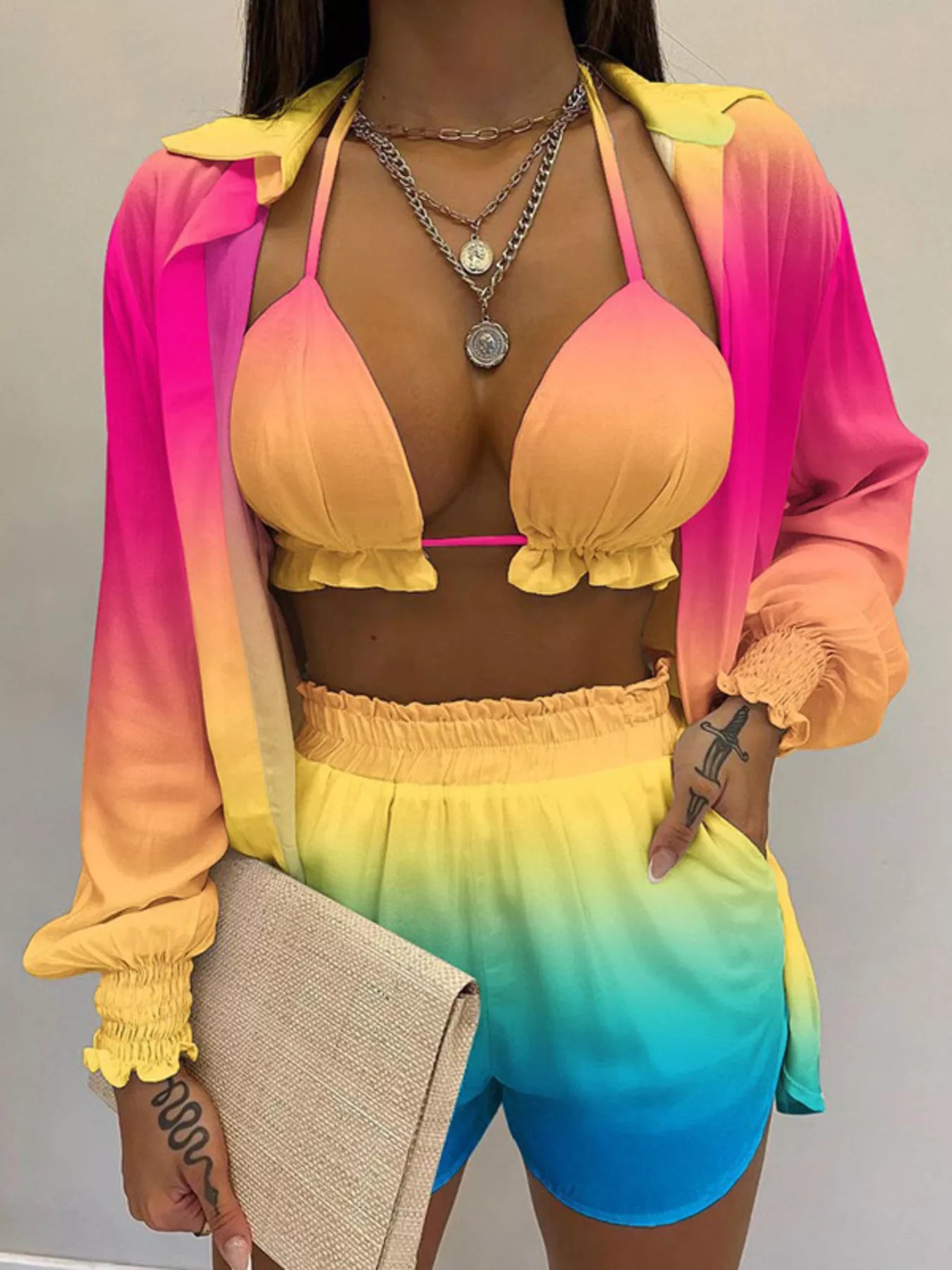 Full Size Halter Neck Cami & Shirt & Shorts 3-Piece Outfit Set Plus Size