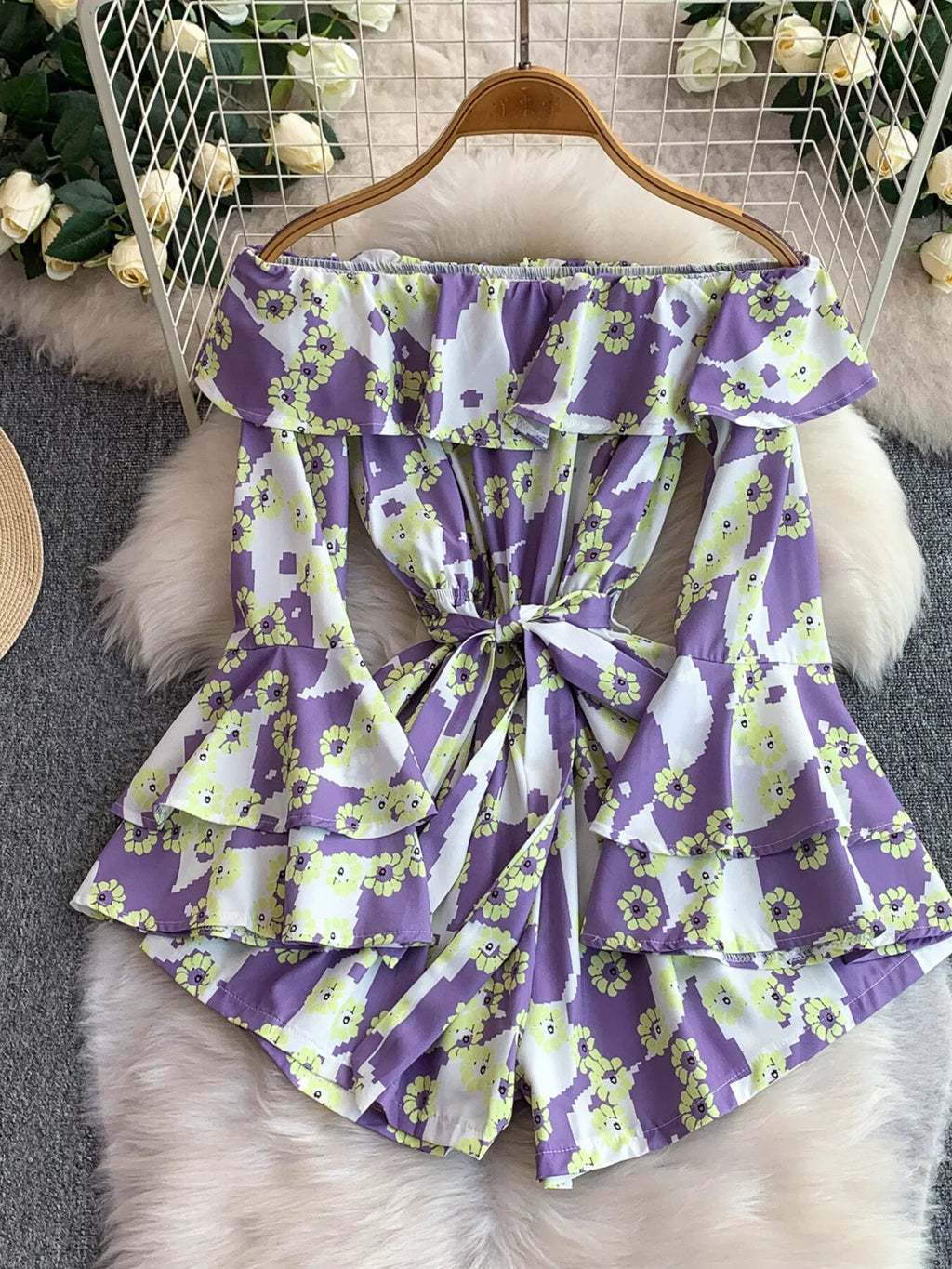 Off-Shoulder Flounce Sleeve Romper