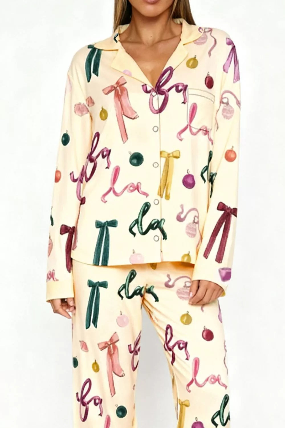 Bow Print Top and Wide Leg Pants Lounge Set