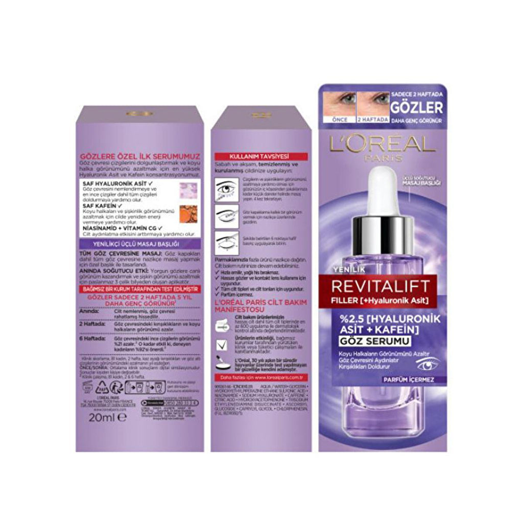 Loreal Paris Revitalift Filler: Hyaluronic Acid + Caffeine Eye Serum - Reduce Dark Circles, Wrinkles, & Puffiness for Brighter Eyes