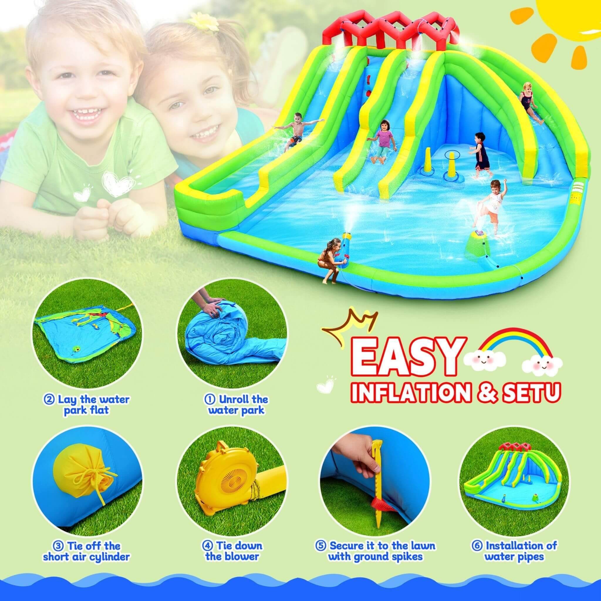 7-In-1 Inflatable Water Park With Triple Slides, Water Gun, And Climbing Wall (SAK98134) – SAKSBY WHOLESALE, view 6