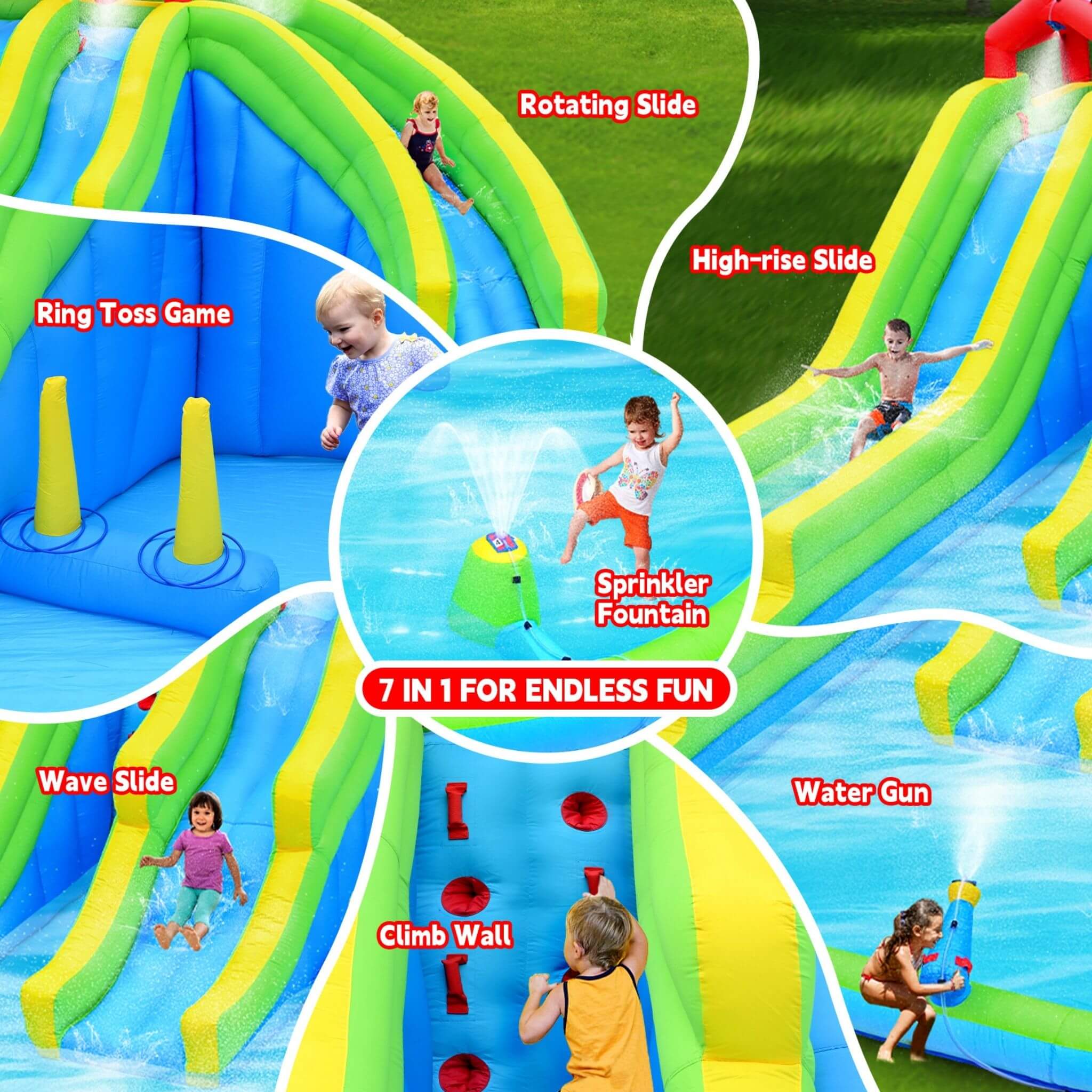 7-In-1 Inflatable Water Park With Triple Slides, Water Gun, And Climbing Wall (SAK98134) – SAKSBY WHOLESALE, view 3