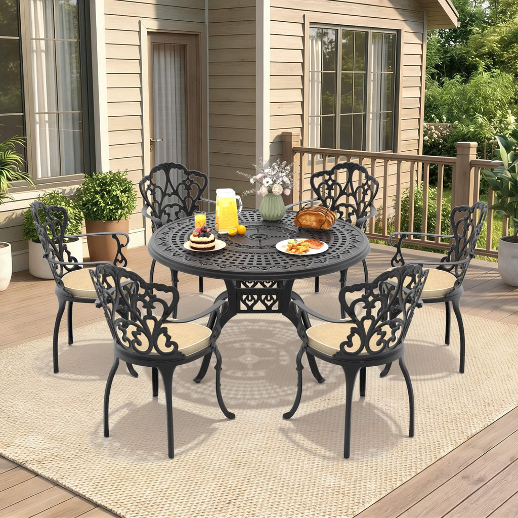 Alora 7-Piece Cast Aluminum Patio Furniture Set With Black Frame And Off-White Cushions (SAK12948) – SAKSBY WHOLESALE