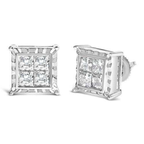 14K White Gold 2.00 Cttw Invisible Set Princess-Cut Lab Grown Diamond Wavy Quad Stud Earrings