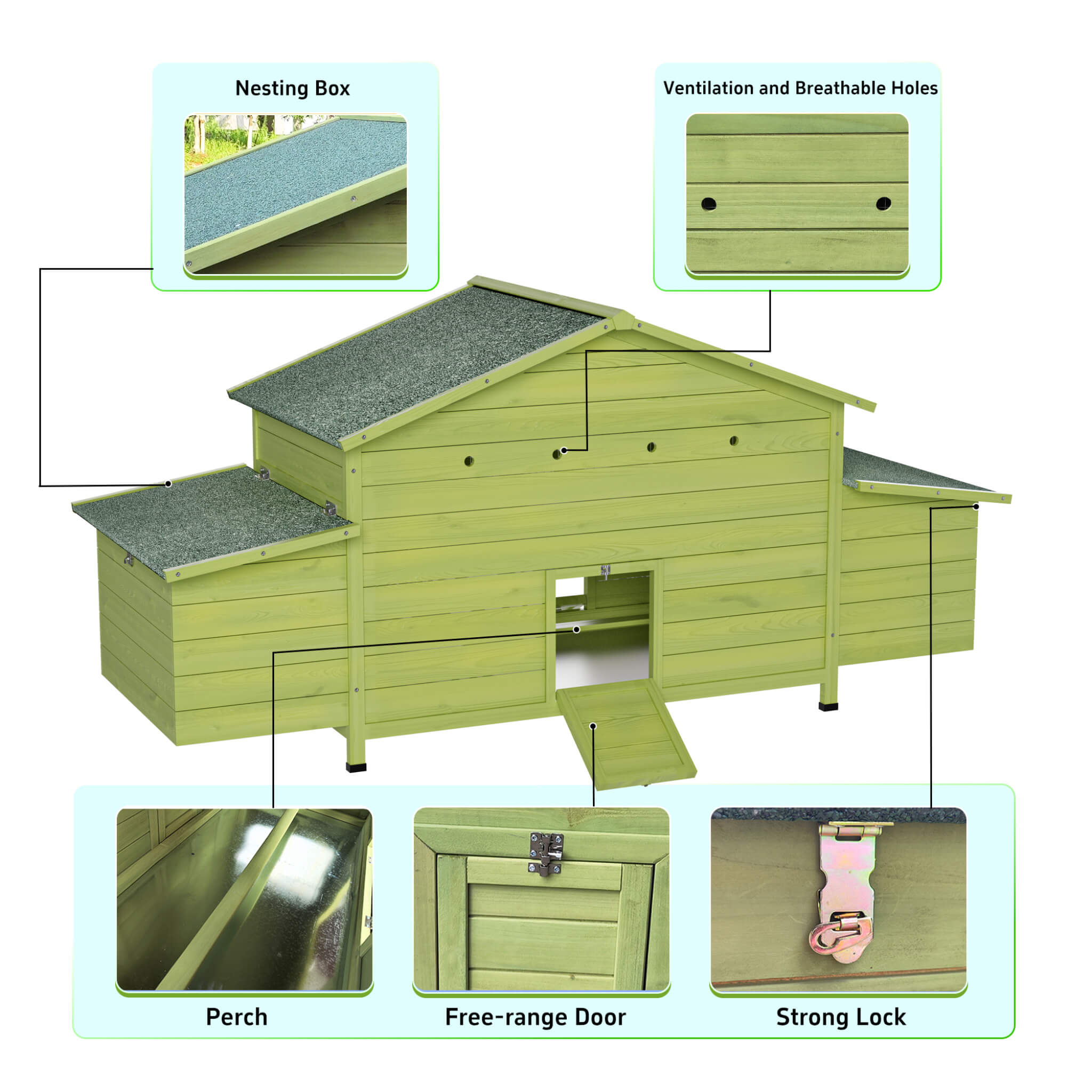 70-Inch Wooden Chicken Coop With Nesting Box, Perch, And Run Doors (SAK74619) – SAKSBY WHOLESALE, view 4