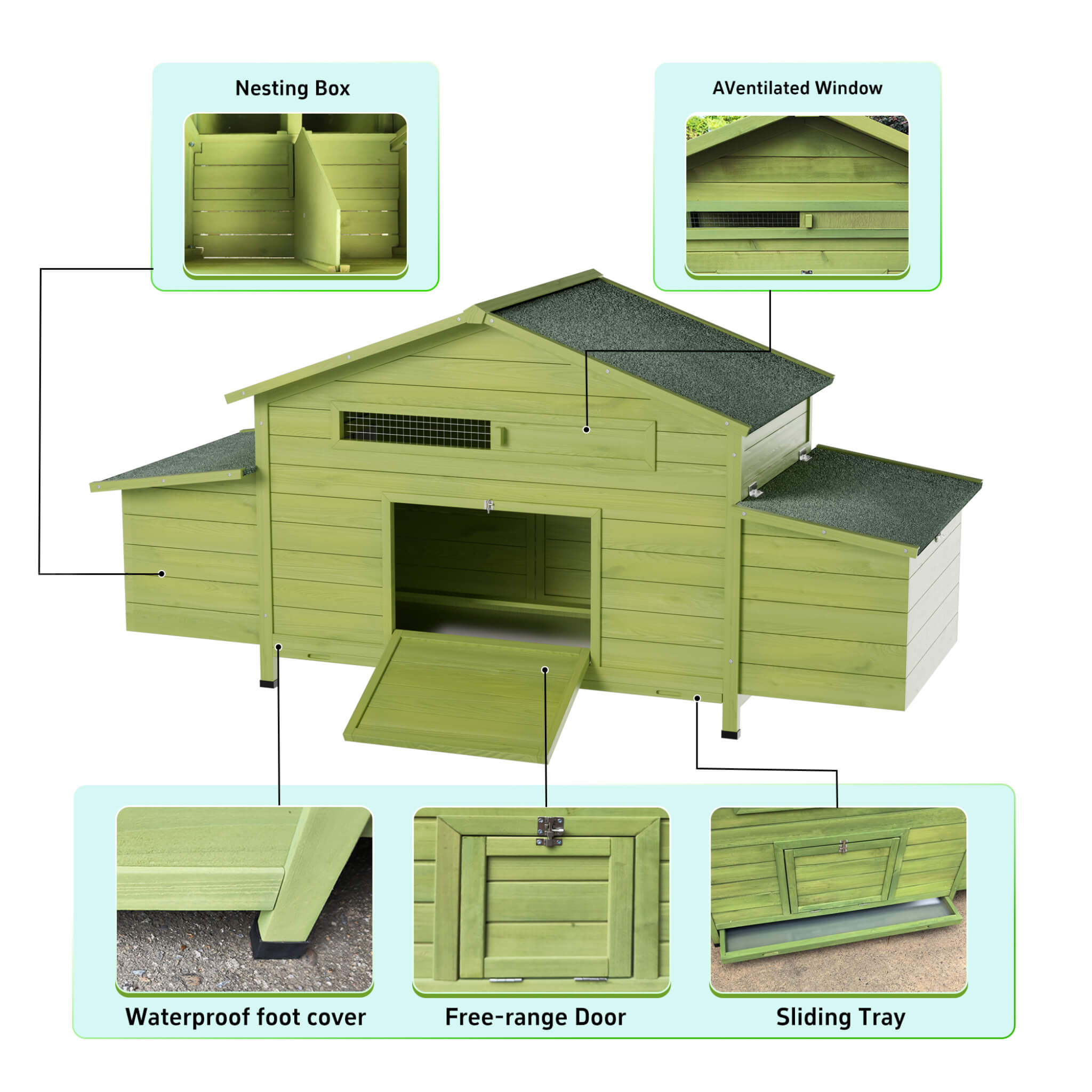 70-Inch Wooden Chicken Coop With Nesting Box, Perch, And Run Doors (SAK74619) – SAKSBY WHOLESALE, view 3