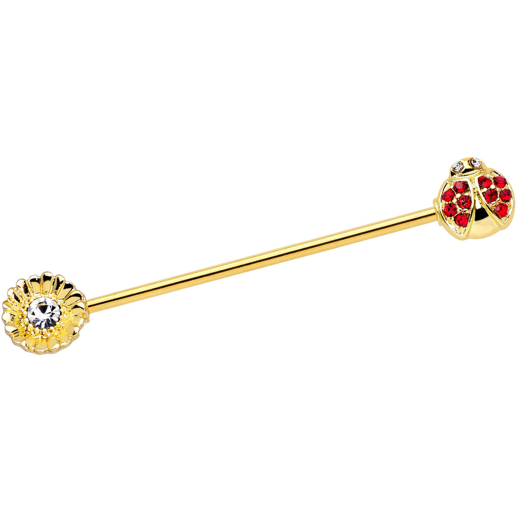 BodyCandy 14G Red Gem Gold Tone Ladybug Flower Industrial Barbell 38mm — main product shot