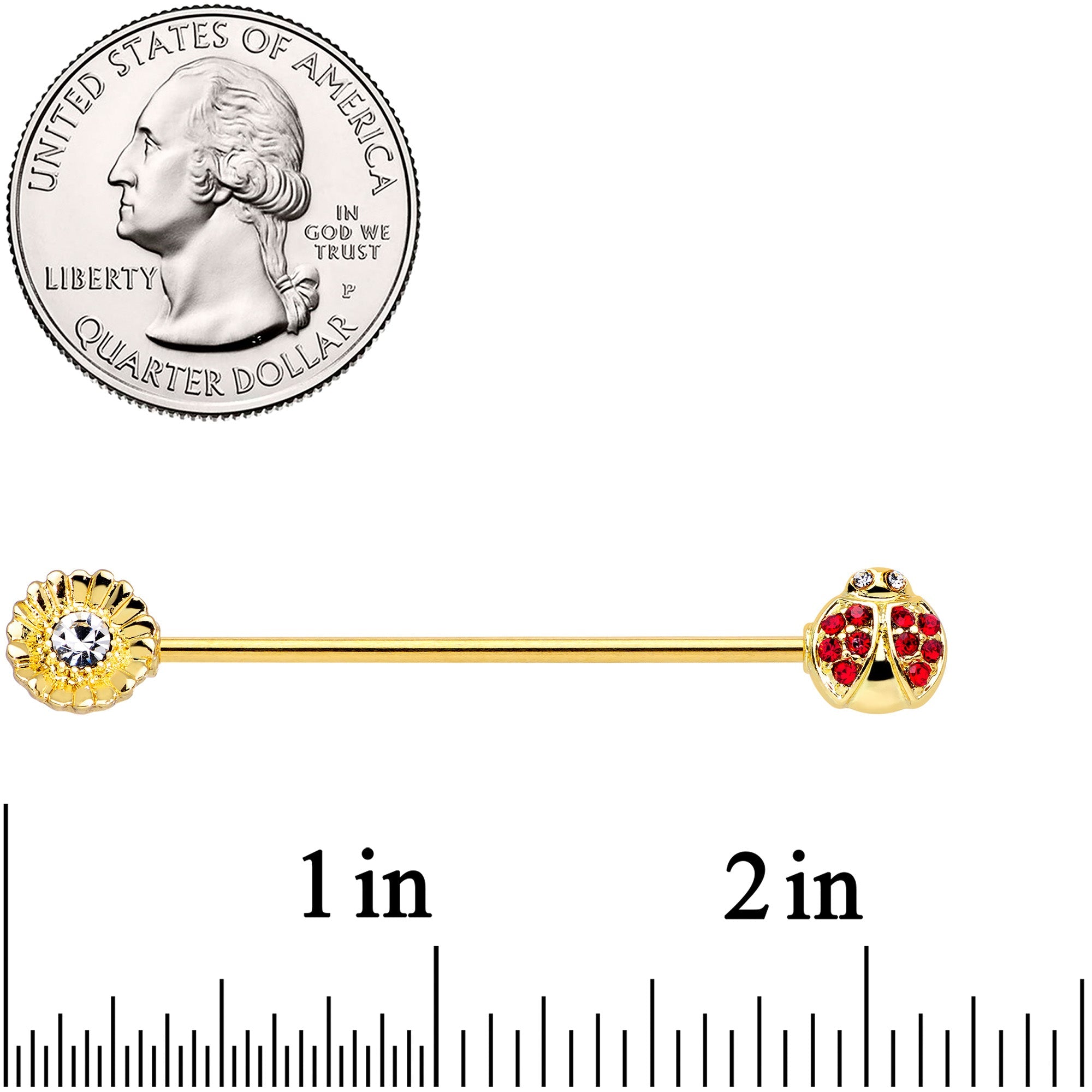 BodyCandy 14G Red Gem Gold Tone Ladybug Flower Industrial Barbell 38mm — side view