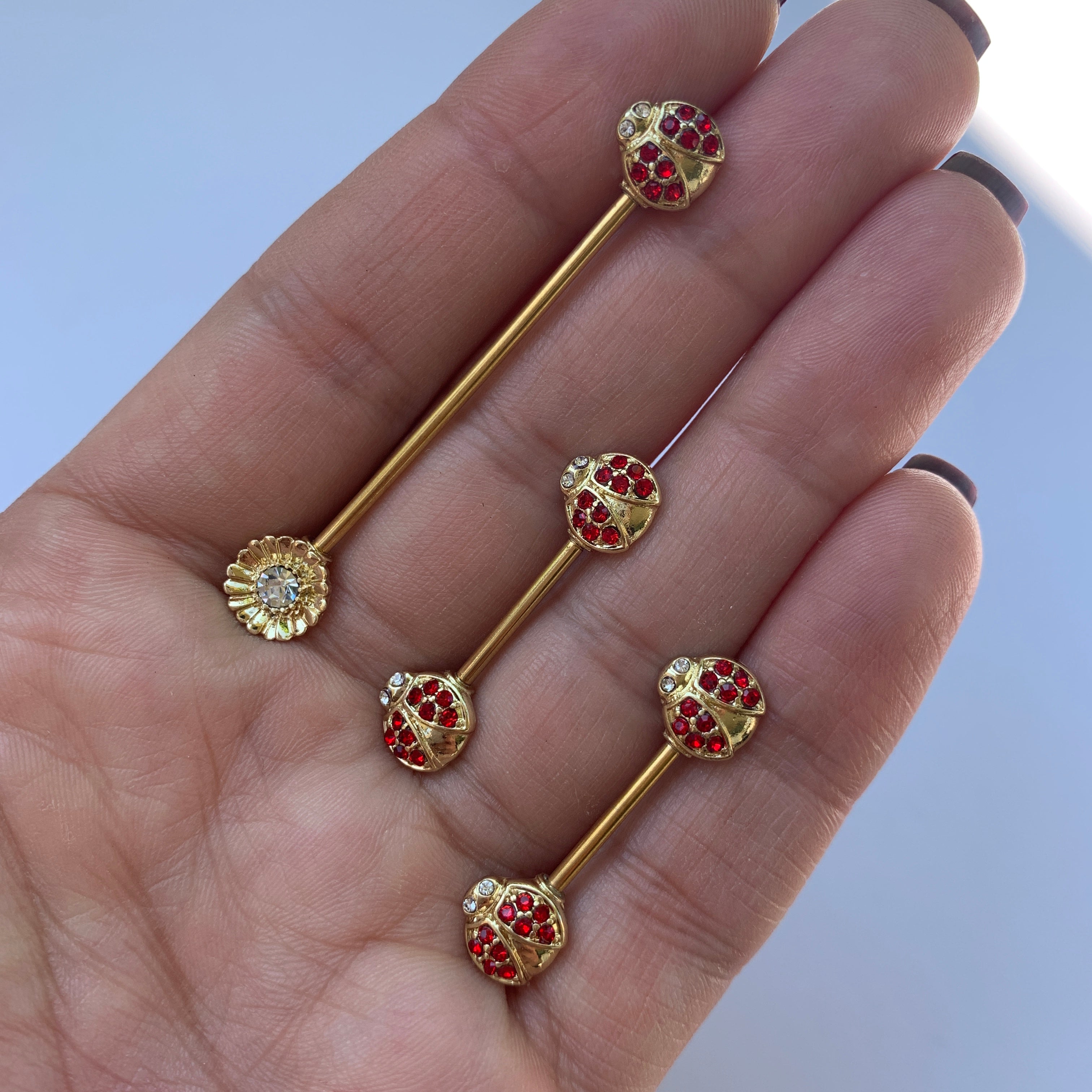 BodyCandy 14G Red Gem Gold Tone Ladybug Flower Industrial Barbell 38mm — lifestyle context