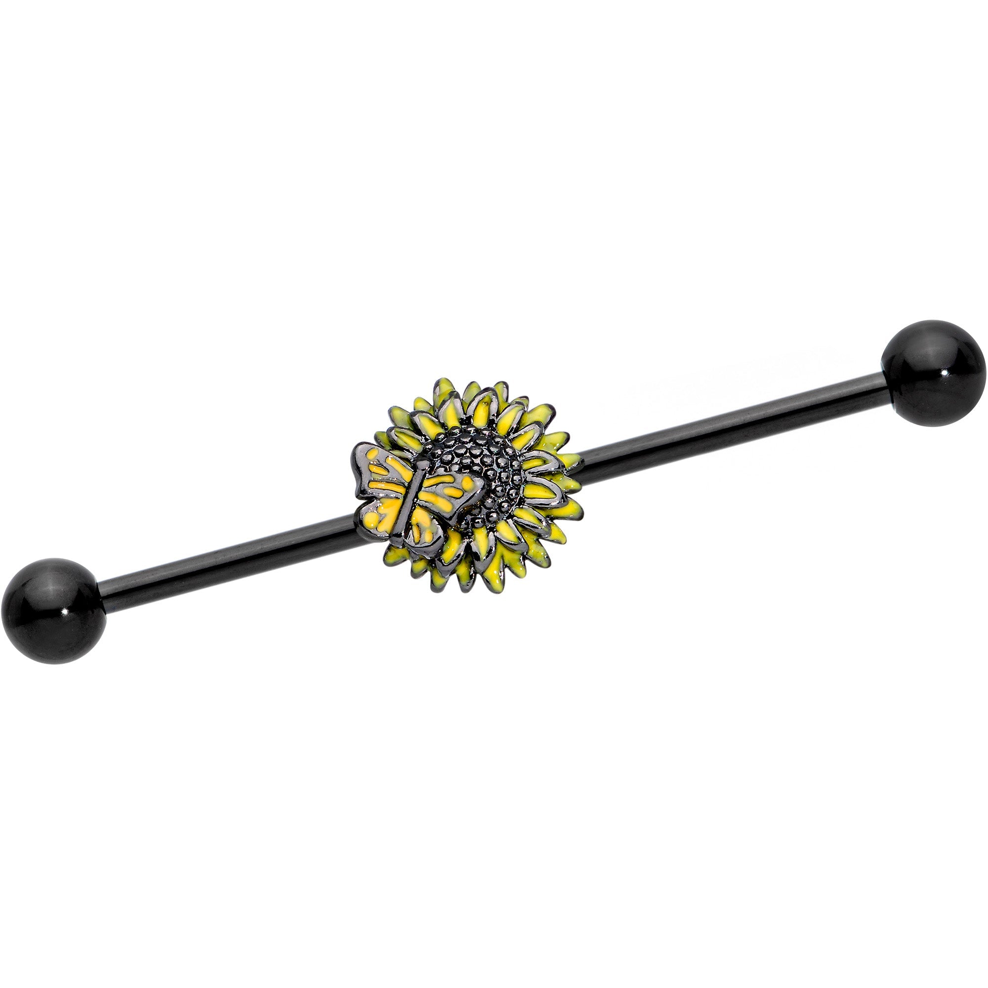 BodyCandy 14G Black Sunflower Butterfly Industrial Barbell 38mm — main product shot