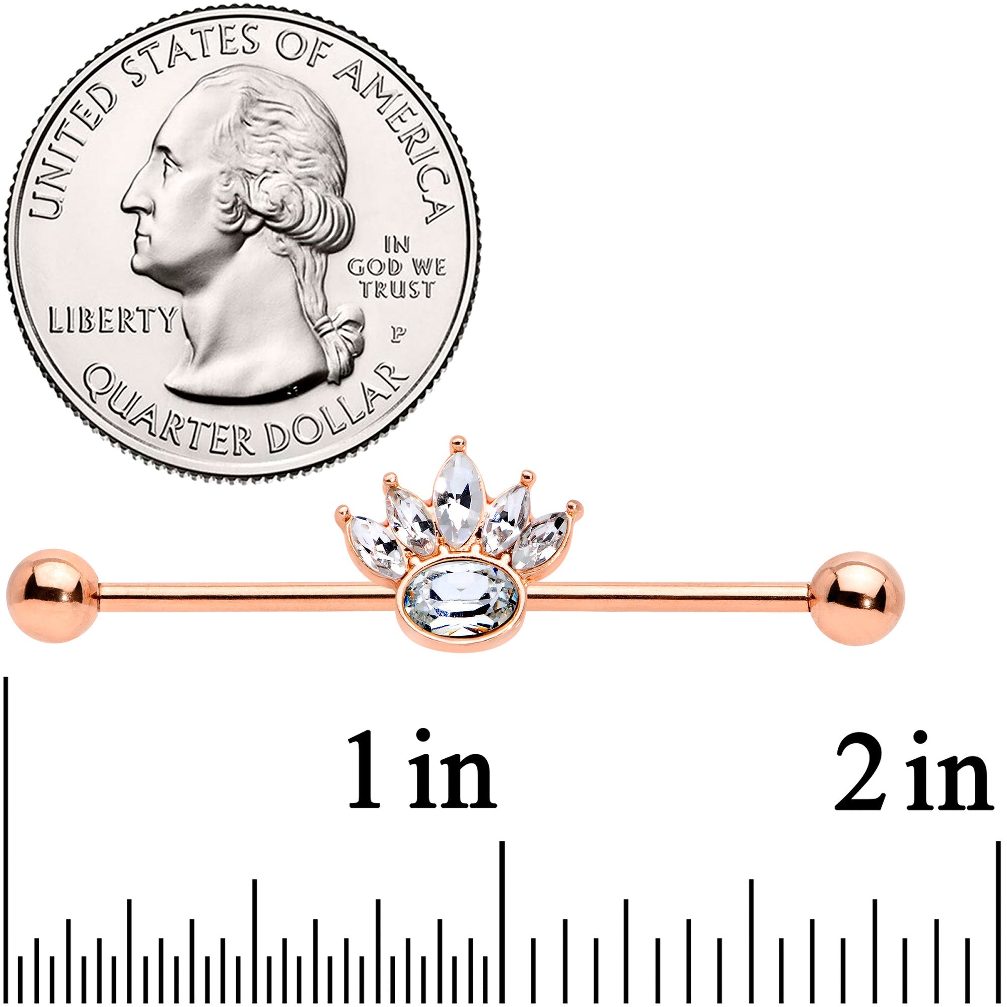 BodyCandy 14G Clear Gem Rose Gold Tone Anodized Crown Industrial Barbell 38mm — detail close-up