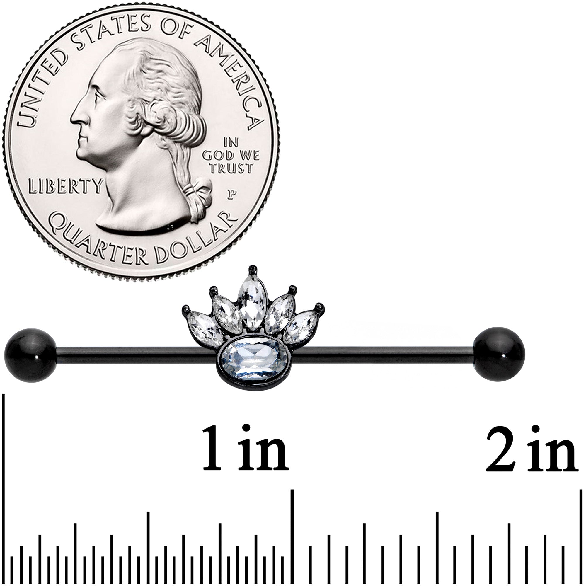 BodyCandy 14G Clear Gem Black Anodized Crown Industrial Barbell 38mm — detail close-up