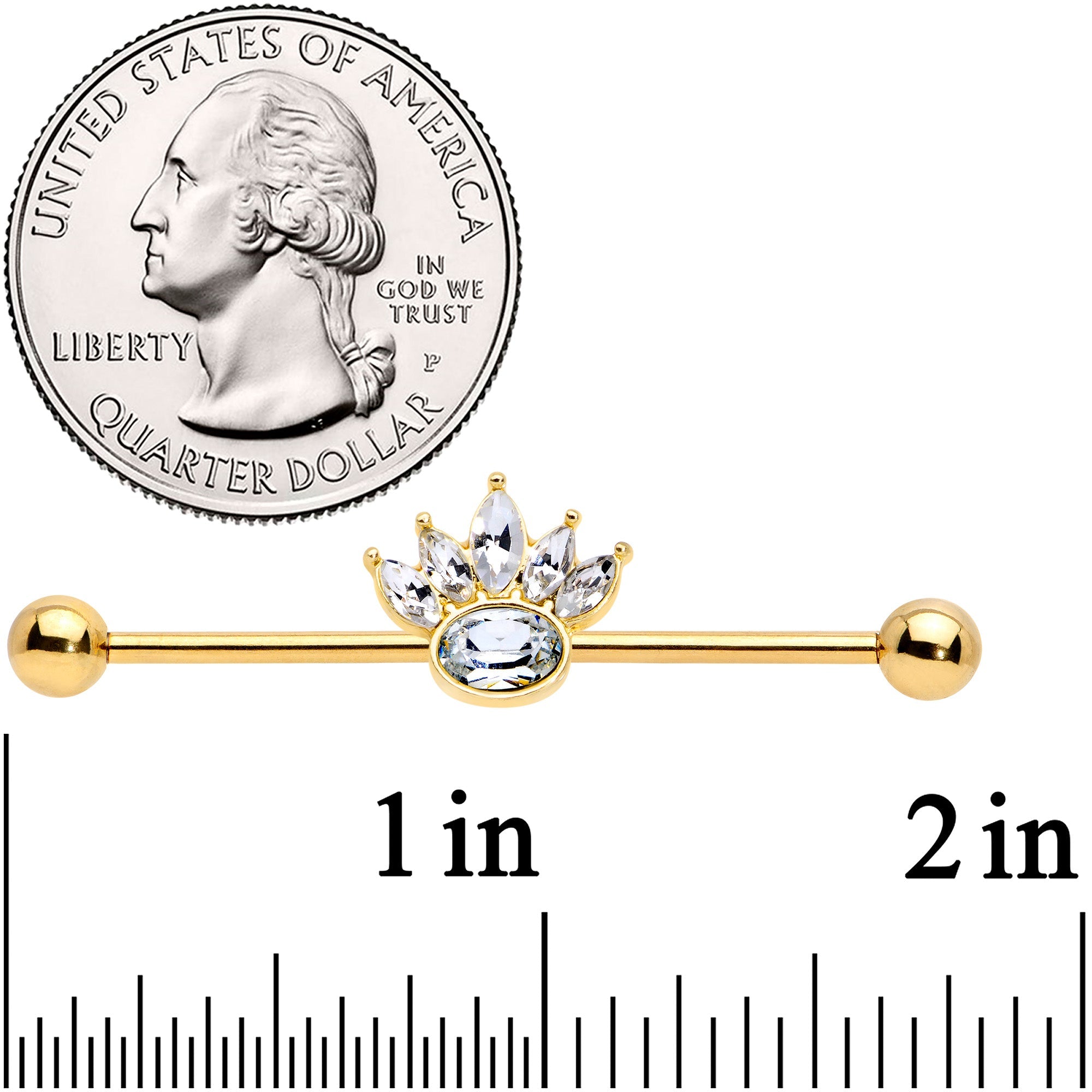 BodyCandy 14G Clear Gem Gold Tone Anodized Crown Industrial Barbell 38mm — detail close-up