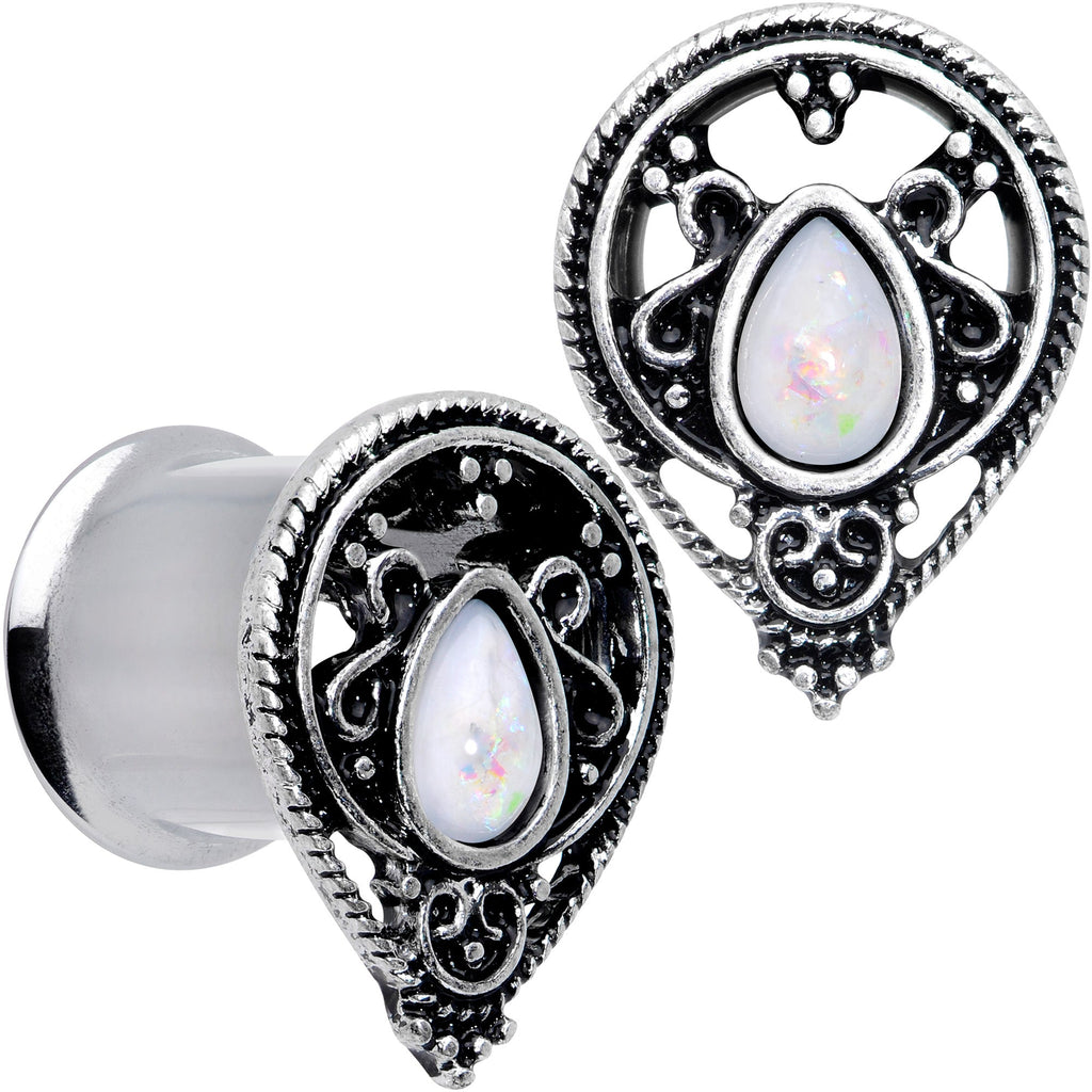 BodyCandy White Faux Opal Filigree Double Flare Plug Set — in-use photo