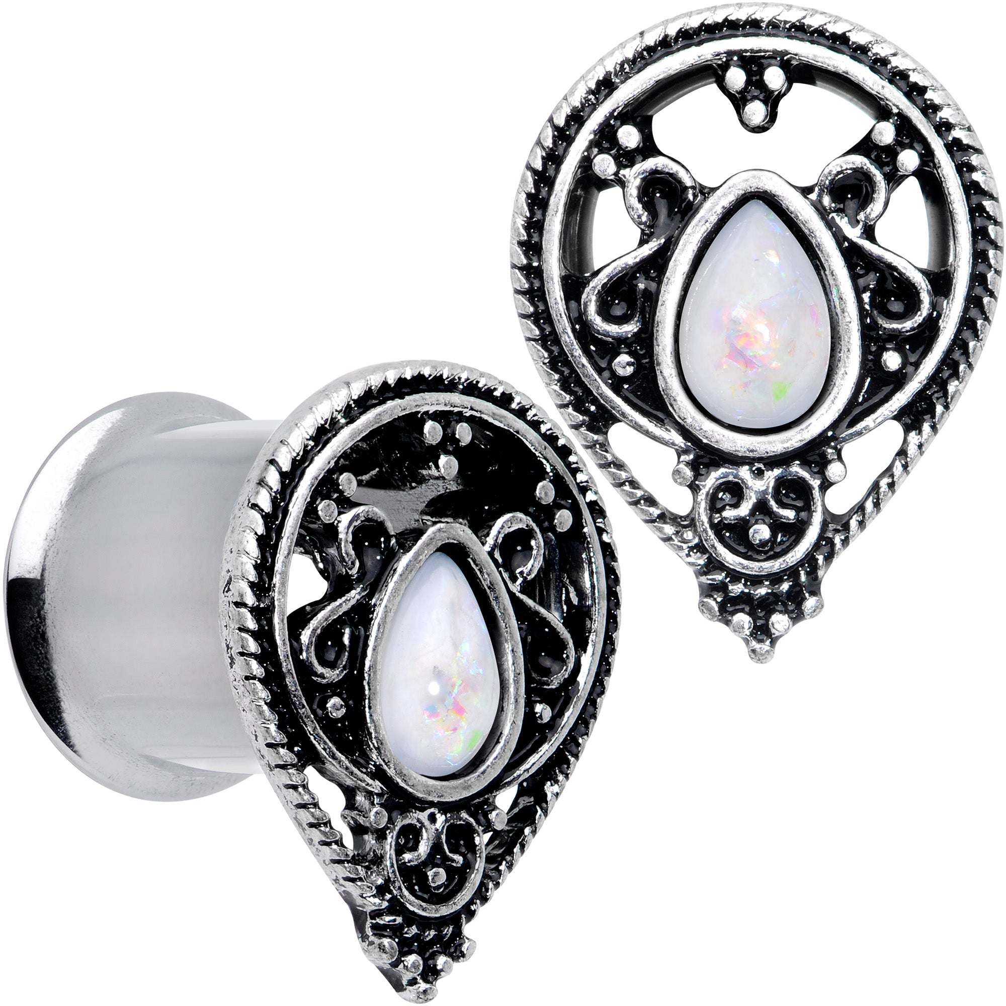BodyCandy White Faux Opal Filigree Double Flare Plug Set — in-use photo