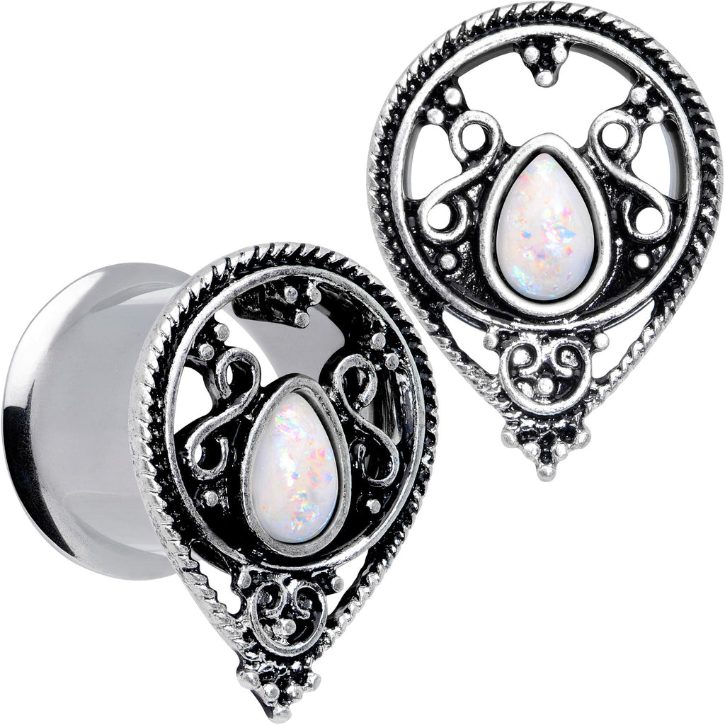 BodyCandy White Faux Opal Filigree Double Flare Plug Set — size reference