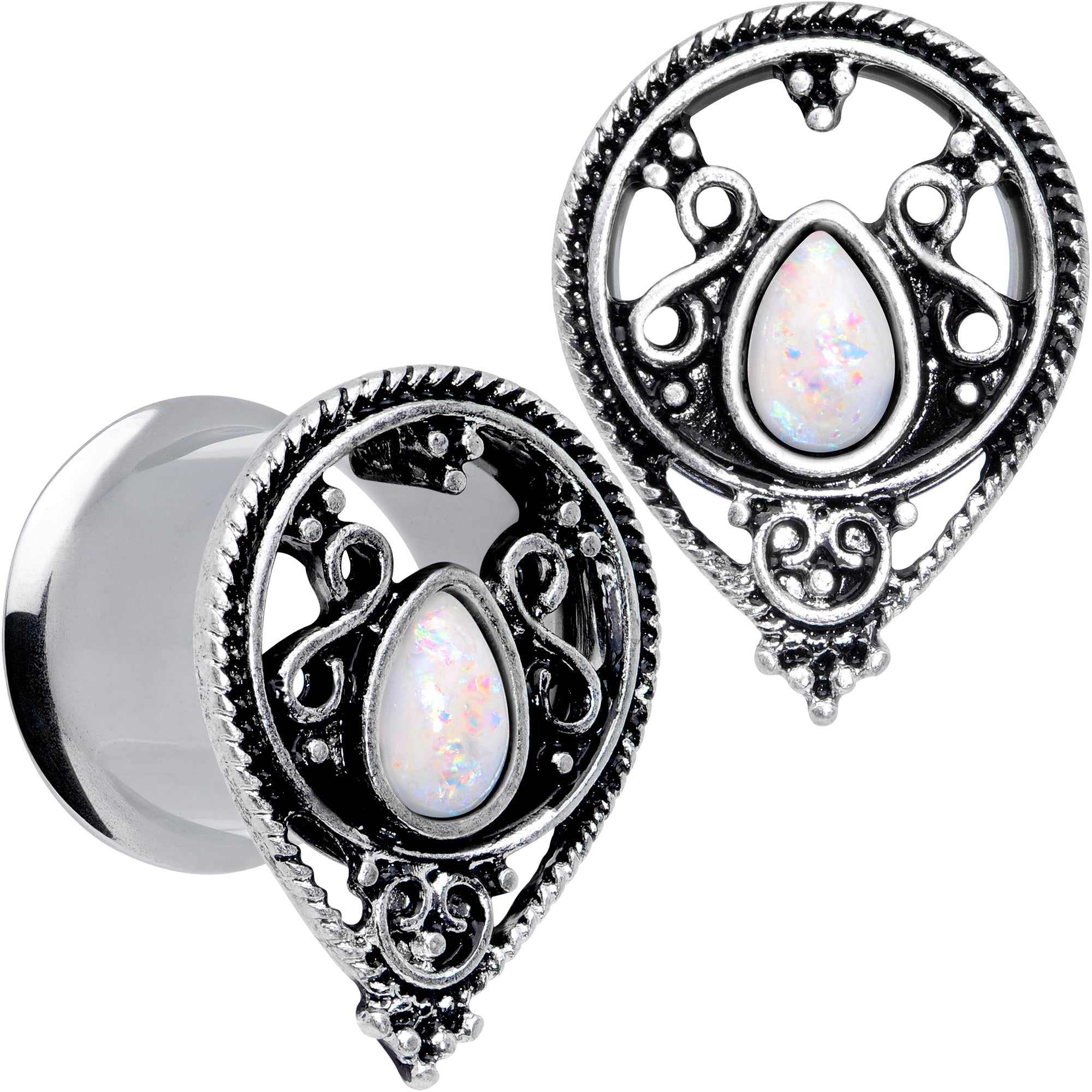 BodyCandy White Faux Opal Filigree Double Flare Plug Set — size reference