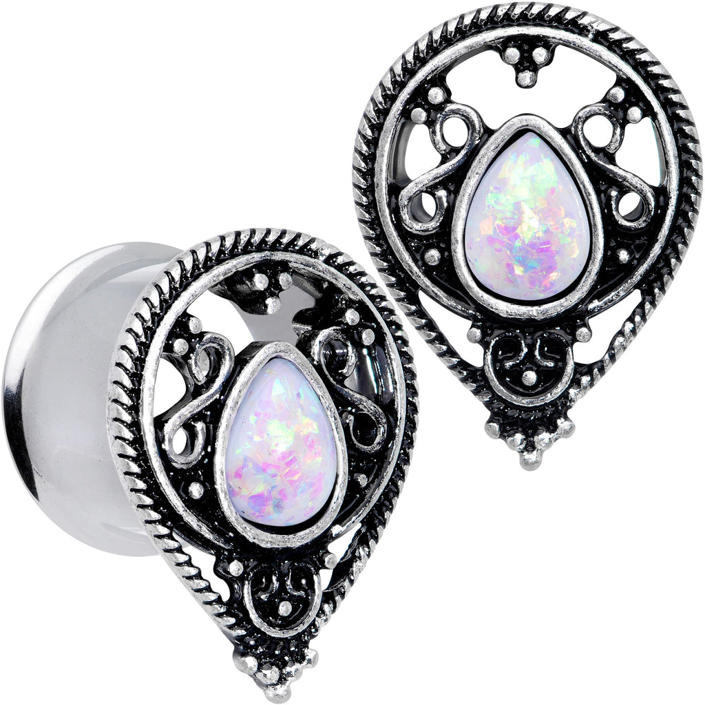 BodyCandy White Faux Opal Filigree Double Flare Plug Set — color detail