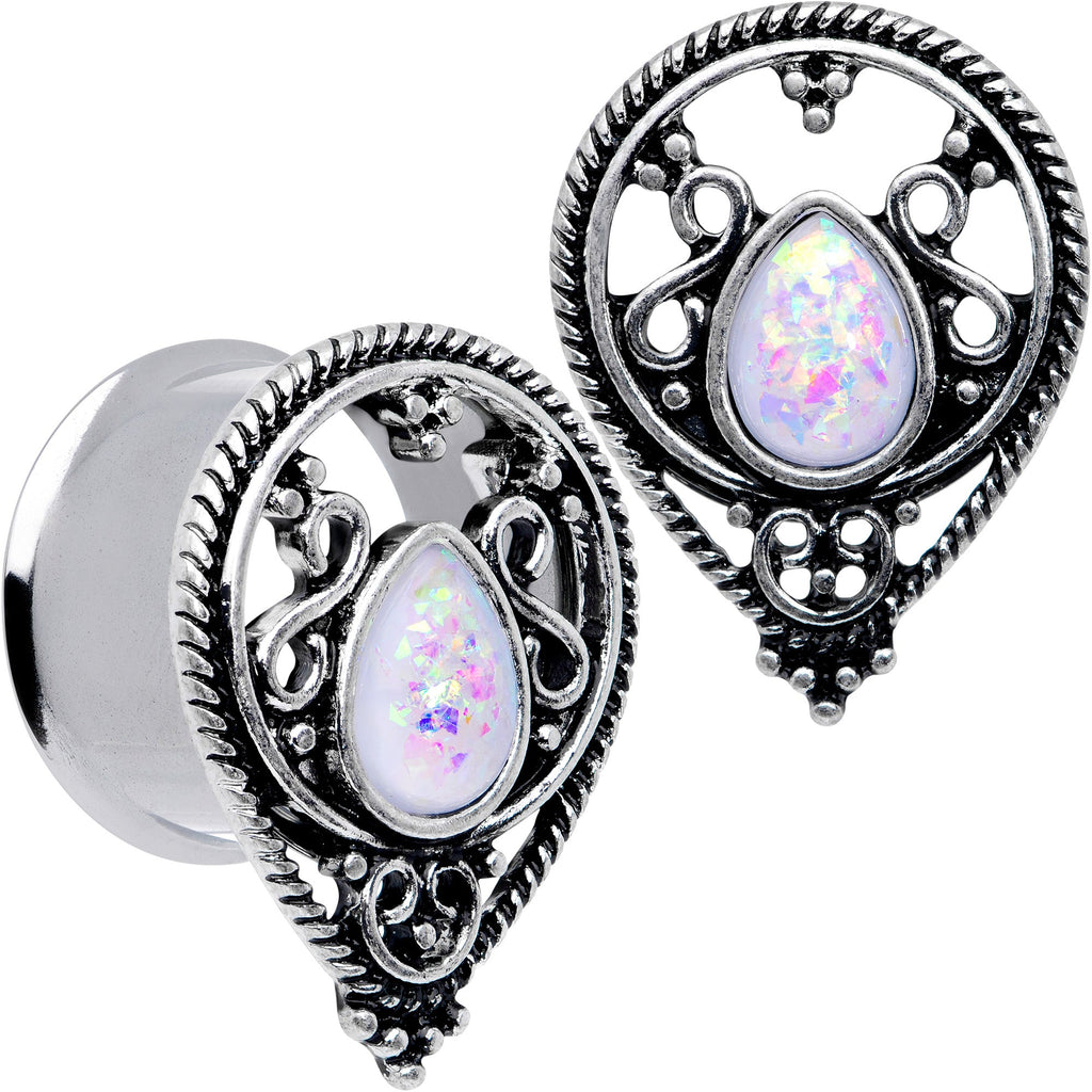 BodyCandy White Faux Opal Filigree Double Flare Plug Set — comparison shot