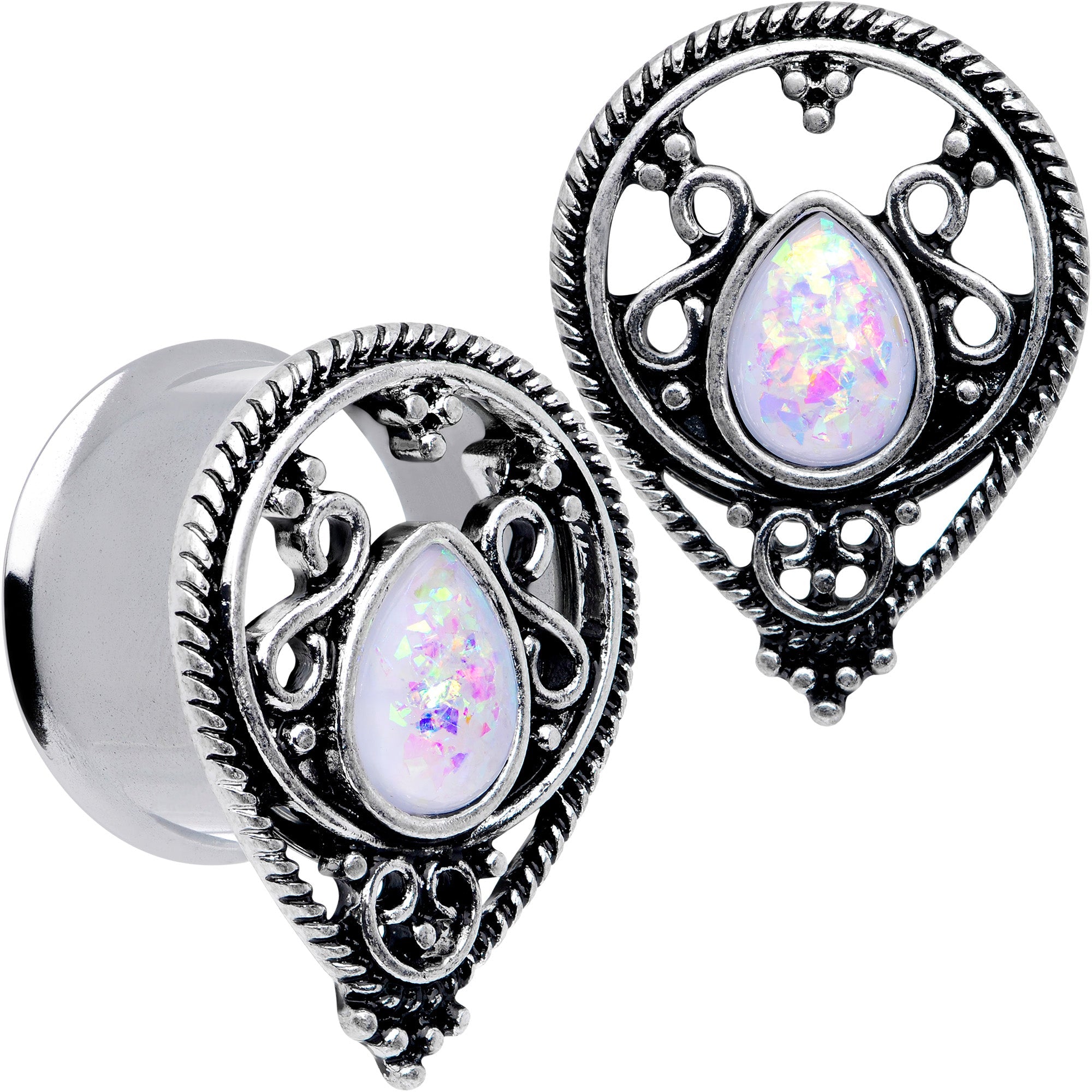 BodyCandy White Faux Opal Filigree Double Flare Plug Set — comparison shot