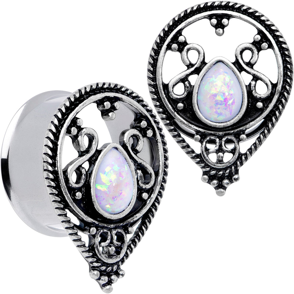 BodyCandy White Faux Opal Filigree Double Flare Plug Set — fabric or material detail